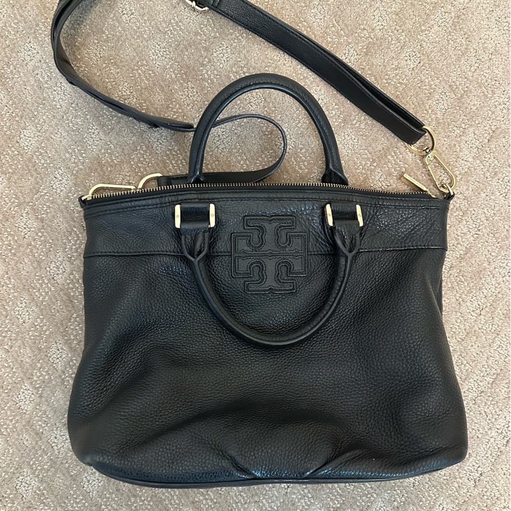 Tory Burch black leather crossbody satchel bag with gold hardware